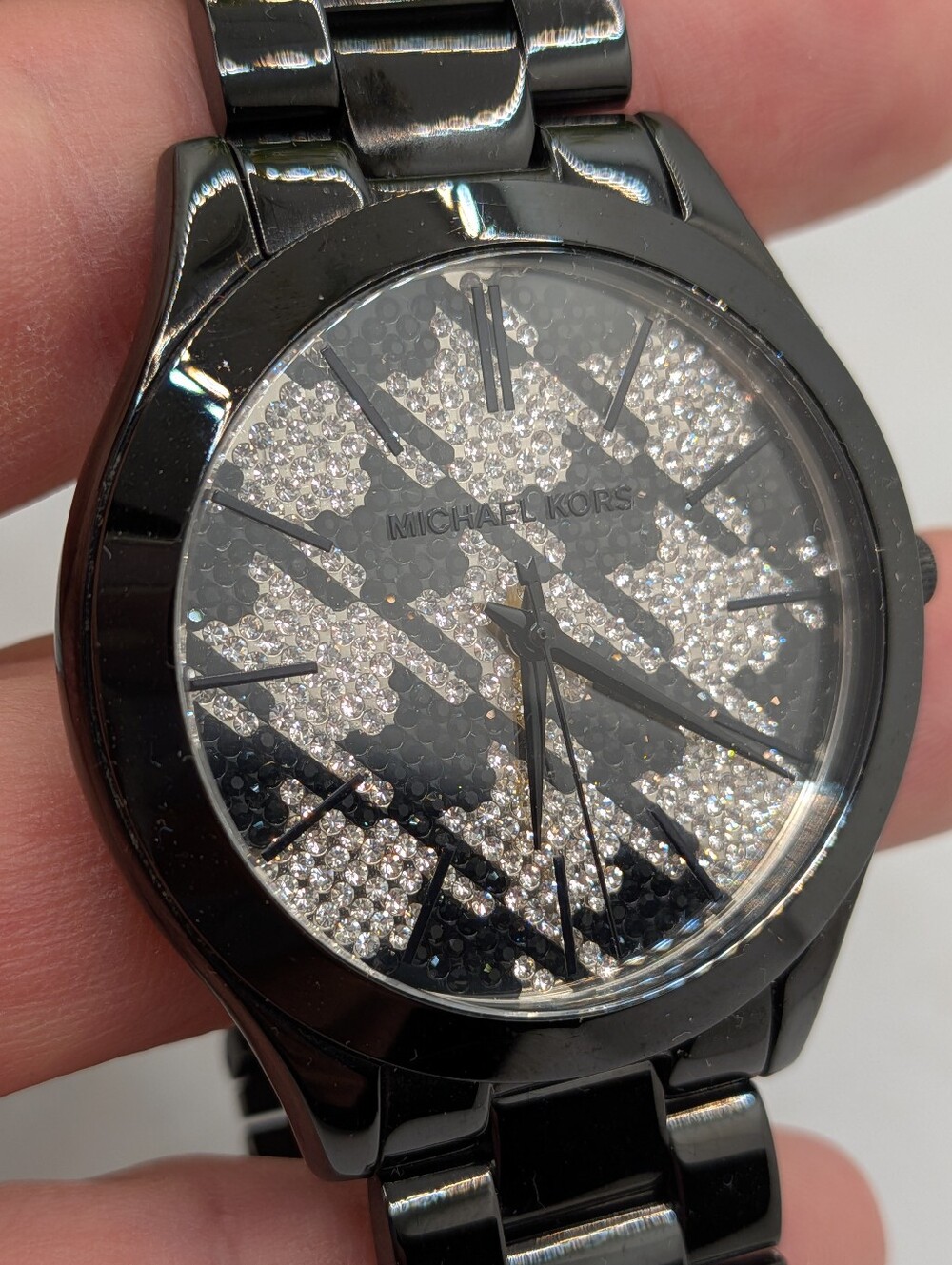 Michael Kors Slim Runway Black Crystal Zebra Houndstooth Dial Watch MK-3326 - Picture 3 of 5
